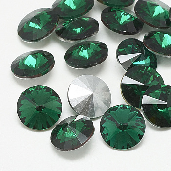 Pointed Back Glass Rhinestone Cabochons, Rivoli Rhinestone, Back Plated, Faceted, Cone, Med.Emerald, 8x4mm