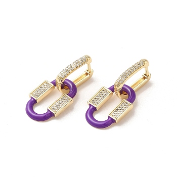 Oval Real 18K Gold Plated Brass Dangle Hoop Earrings, with Cubic Zirconia and Enamel, Purple, 32.5x15mm