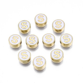 Alloy Enamel Beads, Cadmium Free & Lead Free, Light Gold, Flat Round with Alphabet, White, Letter.S, 8x4mm, Hole: 1.5mm