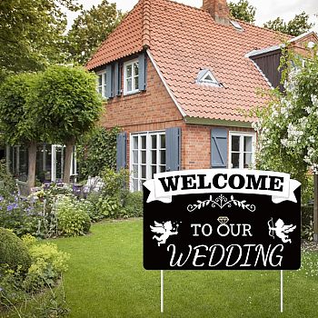 Plastic Yard Signs Display Decorations, for Outdoor Garden Decoration, Rectangle with Word WELCOME TO OUR WEDDING, Black, 230x360x4mm