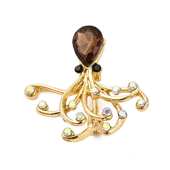 Sea Animal Alloy Colorful Rhinestone Brooches, Octopus, Golden, 38.5x41mm