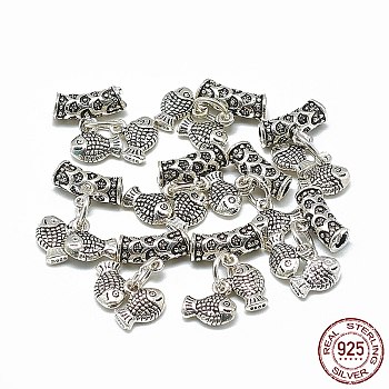 Thailand 925 Sterling Silver Dangle Pendants, Fish, Antique Silver, 17mm, Hole: 2mm, Fish: 7x8x2.5mm
