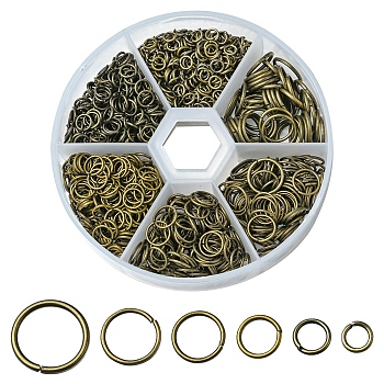 1 Box Iron Jump Rings Set, Mixed Sizes, Open Jump Rings, Round Ring, Antique Bronze, 18~21 Gauge, 4~10x0.7~1mm, Inner Diameter: 2.6~8mm, 10g/size, 6 sizes, about 1000pcs/box