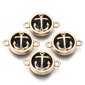 Glass Links connectors, with Light Gold Plated Alloy Findings, Flat Round with Anchor, Black, 13.5x19.5x5.5mm, Hole: 1.6mm