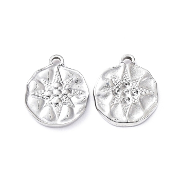 304 Stainless Steel Pendants, Flat Round with Star Charm, Stainless Steel Color, 18x15x2mm, Hole: 1.8mm