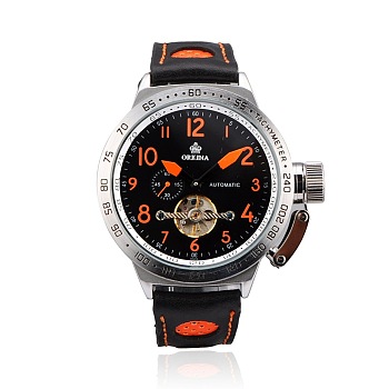 Stainless Steel Leather Wrist Watch, Mechanical Watches, Black & Orange, 265x20~24mm, Watch Head: 52x60x15mm