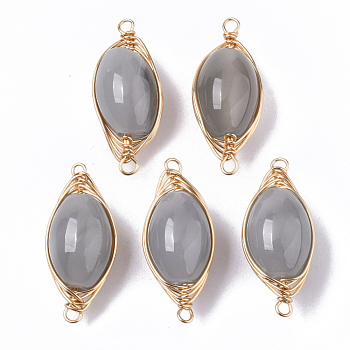 Natural Agate Links Connectors, Wire Wrapped Links, with Light Gold Tone Brass Wires, Oval, Silver, 21~22x9x7~8mm, Hole: 1~1.2mm