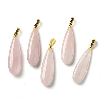 Natural Rose Quartz Pendants, Teardrop Charms with Rack Plating Golden Tone Brass Snap on Bails, 34~34.5x10~10.5x6~6.5mm, Hole: 6.5x3mm