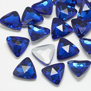 Pointed Back Glass Rhinestone Cabochons, Back Plated, Faceted, Triangle, Sapphire, 9.5x10x4mm
