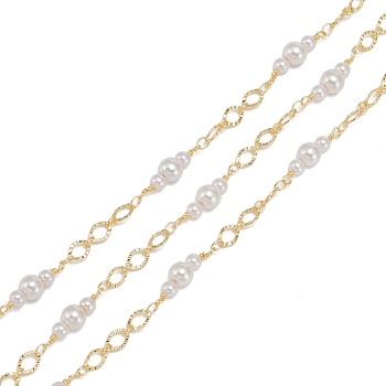 Handmade CCB Plastic Imitation Pearl Beaded Chains, with Brass and Spool, Unwelded, Long-Lasting Plated, Round, Golden, 6.5x4.5x0.5mm, Beads: 4mm and 6mm, 32.8 Feet(10m)/roll