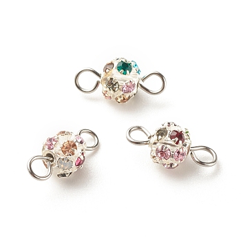 Brass Colorful Rhinestone Connector Charms, with 304 Stainless Steel Loops, Round, Silver, 13.5x6mm, Hole: 2mm