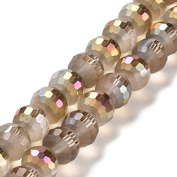 Electroplate Glass Beads Strands, Rainbow Plated, Frosted and Faceted(96 Facets), Round, Tan, 9.5~10x9~9.5mm, Hole: 1.8mm, about 69~70pcs/strand, 24.57''(62.4~63.1cm)