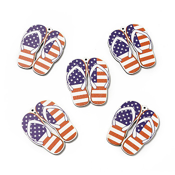 American Flag Theme Single Face Printed Aspen Wood Shoe Big Pendants, Flip Flops Charm, Chocolate, 55.5x47x2.5mm, Hole: 2mm