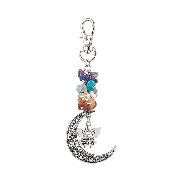 Natural & Synthetic Mixed Gemstone Chip Pendant Decorations, with Alloy Pendants and Swivel Clasps, Moon, Angel & Fairy, 113mm