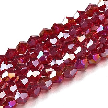 Transparent Electroplate Glass Beads Strands, AB Color Plated, Faceted, Bicone, Dark Red, 4x4mm, Hole: 0.8mm, about 87~98pcs/strand, 12.76~14.61 inch(32.4~37.1cm)