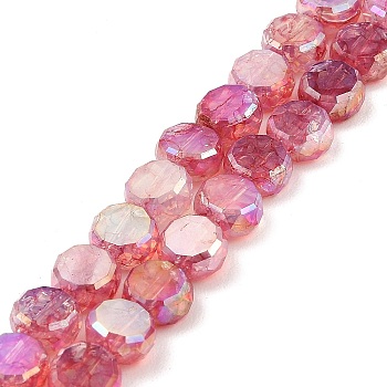 Imitation Jade Glass Beads Strands, AB Color Plated, Faceted, Flat Round, Cerise, 7x3.5mm, Hole: 1.4mm, about 59pcs/strand, 16.22''(41.2cm)