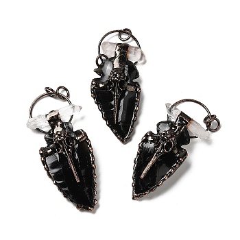 Natural Obsidian & Quartz Crystal Big Pendants, Triangle Charms, with Red Copper Plated Brass Findings, Cadmium Free & Lead Free, 76.5~82x34~36.5x18~18.5mm, Hole: 6mm