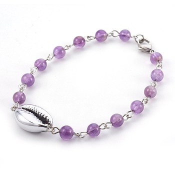 Natural Amethyst Beads Bracelets, with Electroplated Shell Beads, Cowrie Shells, 8-1/8 inch(20.5cm)