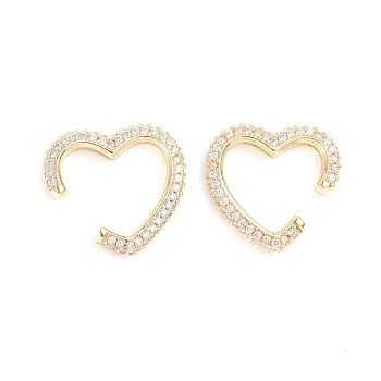 Brass Micro Pave Clear Cubic Zirconia Cuff Earrings, Long-Lasting Plated, Heart, Golden, 18.5x21x3.8mm