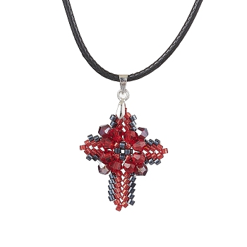 Transparent Electroplate Glass Pendant Necklaces, Seed Beads  Pendant Necklaces, Imitation Leather Cord, Cross, Red, 17.72 inch(45cm)