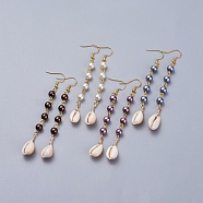 Glass Pearl Dangle Earrings, with Cowrie Shell and Brass Earring Hooks, Mixed Color, 88~94x10~11mm, Pin: 0.6mm(EJEW-JE03187)