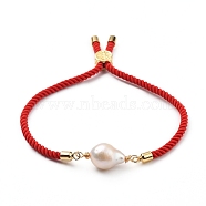Adjustable Nylon Twisted Cord Slider Bracelets, Link Bracelets, with Natural Baroque Pearl Keshi Pearl Beads and Tree of Life Brass Beads, Red, Inner Diameter: 2-1/2 inch(6.5cm)(BJEW-JB05323-01)