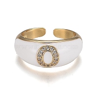 Brass Micro Pave Clear Cubic Zirconia Cuff Rings, Open Rings, with Enamel, Cadmium Free & Lead Free, Golden, Letter.O, US Size 7 1/4, Inner Diameter: 17.6mm(RJEW-H538-03G-O)