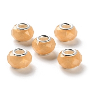 Pearlized Resin European Beads, Faceted Rondelle Large Hole Beads, with Platinum Tone Alloy Double Cores, Sandy Brown, 13.5x9mm, Hole: 5mm(RESI-M001-01C)