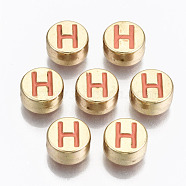 Alloy Enamel Beads, Cadmium Free & Lead Free, Flat Round with Initial Letters, Light Gold, Light Salmon, Letter.H, 8x4mm, Hole: 1.5mm(X-ENAM-S122-029H-RS)