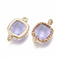 Glass Links connectors, with Brass Findings, Faceted, Square, Golden, Lilac, 14.5x9.5x3.5mm, Hole: 0.8~1.2mm(GLAA-S179-07I)