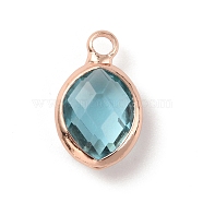 Faceted Glass Pendants, with Rose Gold Brass Findings, March Birthstone Charms, Oval, Dark Turquoise, 13x8x4mm, Hole: 1.8mm(FIND-TAC0014-68C)