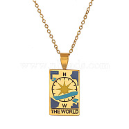 Titanium Steel Enamel Tarot Rectangle Pendant Necklaces, Stainless Steel Cable Chain Necklace for Women Men, THE WORLD, Golden, 17.72 inch(45cm)(PW-WG56031-01)