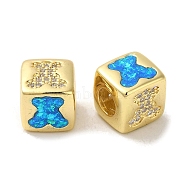 Rack Plating Brass Micro Pave Cubic Zirconia Beads, with Synthetic Opal, Cadmium Free & Lead Free, Long-Lasting Plated, Real 18K Gold Plated, Square, Large Hole Beads, European, Bear, 10x9.5x10mm, Hole: 5mm(KK-P268-01G-15)