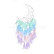 Iron Woven Web/Net with Feather Pendant Decorations, with Plastic Beads and Cloth, Moon, Colorful, 547mm(AJEW-P097-08)