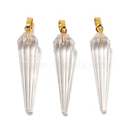 Natural Quartz Crystal Pointed Pendants, Faceted Cone Rock Crystal Charms with Golden Plated Barss Snap on Bails, 35~35.5x8~8.5mm, Hole: 6.5x4mm(G-D089-01G-07)