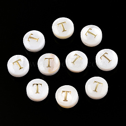 Natural Freshwater Shell Beads, with Golden Plated Brass Etched Metal Embellishments, Flat Round with Letter, Letter T, 7.5~8x4~5mm, Hole: 0.8mm(SHEL-N036-01T)