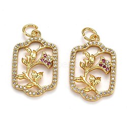 Brass Micro Pave Cubic Zirconia Pendants, Long-Lasting Plated, with Jump Ring, Rectangle with Flower, Real 18K Gold Plated, 22x14x2mm, Jump Ring: 5x1mm, Hole: 3mm(ZIRC-L100-044G)