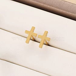 304 Stainless Steel Stud Earrings, Cross, Real 18K Gold Plated, 11x8mm(QC0193)