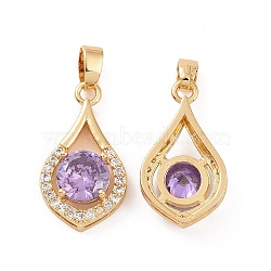 Brass Micro Pave Cubic Zirconia Pendants, Real 18K Gold Plated, Teardrop Charms, Lilac, 21x11.5x5mm, Hole: 5x3mm(KK-E068-VC439)