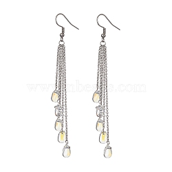 304 Stainless Steel Chains Tassel Earrings, Glass Teardrop Dangle Earrings, Stainless Steel Color, 100mm(EJEW-JE05411)