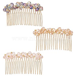 3Pcs 3 Colors Fashionable Glass & Brass Hair Combs, with Steel Wire, Hair Accessories for Women, Mixed Color, 43x79x15mm, 1pc/color(OHAR-CP0001-03)