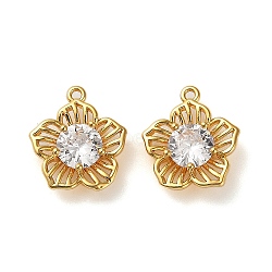 Brass Micro Pave Cubic Zirconia Pendants, Flower Charms, Real 18K Gold Plated, 14x13x4mm, Hole: 1mm(KK-P285-11G)