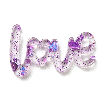 Transparent Acrylic Cabochons, with Sequin, Word LOVE, Purple, 14.5x24x2mm