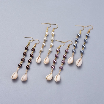 Glass Pearl Dangle Earrings, with Cowrie Shell and Brass Earring Hooks, Mixed Color, 88~94x10~11mm, Pin: 0.6mm