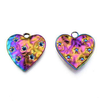 Rack Plating 304 Stainless Steel Pendant Rhinestone Settings, Heart, Rainbow Color, Fit For 2mm Rhinestone, 26x25x4mm, Hole: 3mm