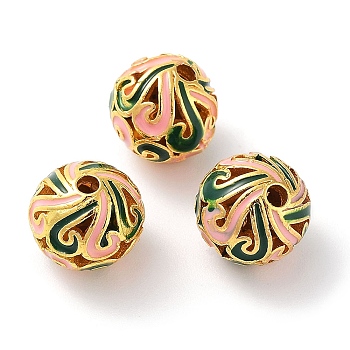 Alloy Enamel Beads, Golden, Round, Pink, 10mm, Hole: 1.6mm