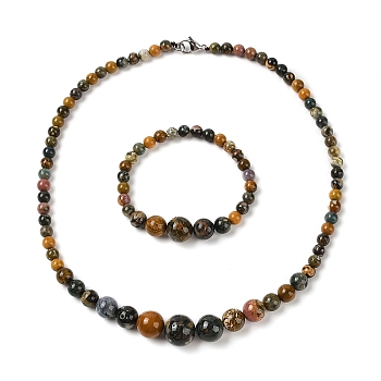 Natural Ocean Jasper Round Beads Bracelets & Necklaces Sets, with 304 Stainless Steel Clasps, 18.70 inch(475mm)