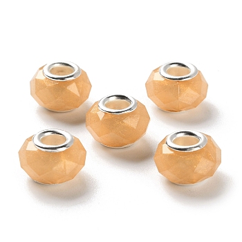 Pearlized Resin European Beads, Faceted Rondelle Large Hole Beads, with Platinum Tone Alloy Double Cores, Sandy Brown, 13.5x9mm, Hole: 5mm