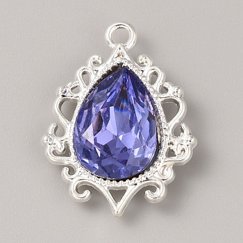 Glass Rhinestone Pendants, with Silver Alloy Finding, Teardrop Charms, Deep Tanzanite, 24.5~25x19x4.5mm, Hole: 1.8mm