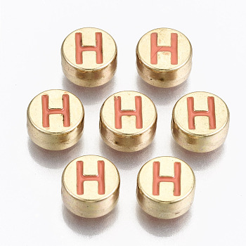 Alloy Enamel Beads, Cadmium Free & Lead Free, Flat Round with Initial Letters, Light Gold, Light Salmon, Letter.H, 8x4mm, Hole: 1.5mm